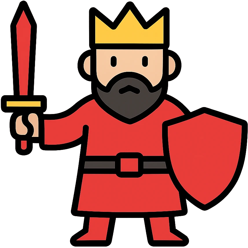Minimalist red king with sword and shield, fantasy RPG style. Simple outlined character with crown and basic details only. emoji