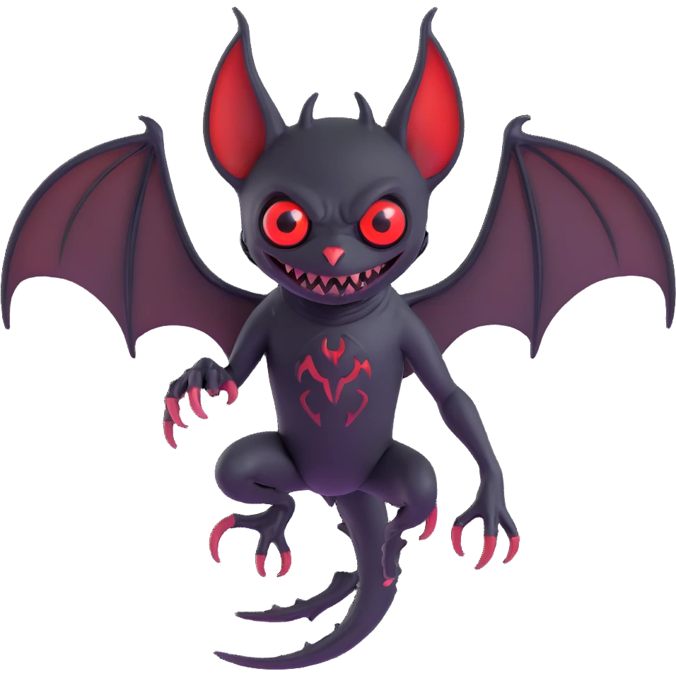 an all black reptilian bat-like creature. One cyclopian red eye in its face. no visible mouth or ears. 2 hind legs with claws. has a long tale with a stinger. no ears. no horns. no arms. visible bone-like stinger at end of tail emoji
