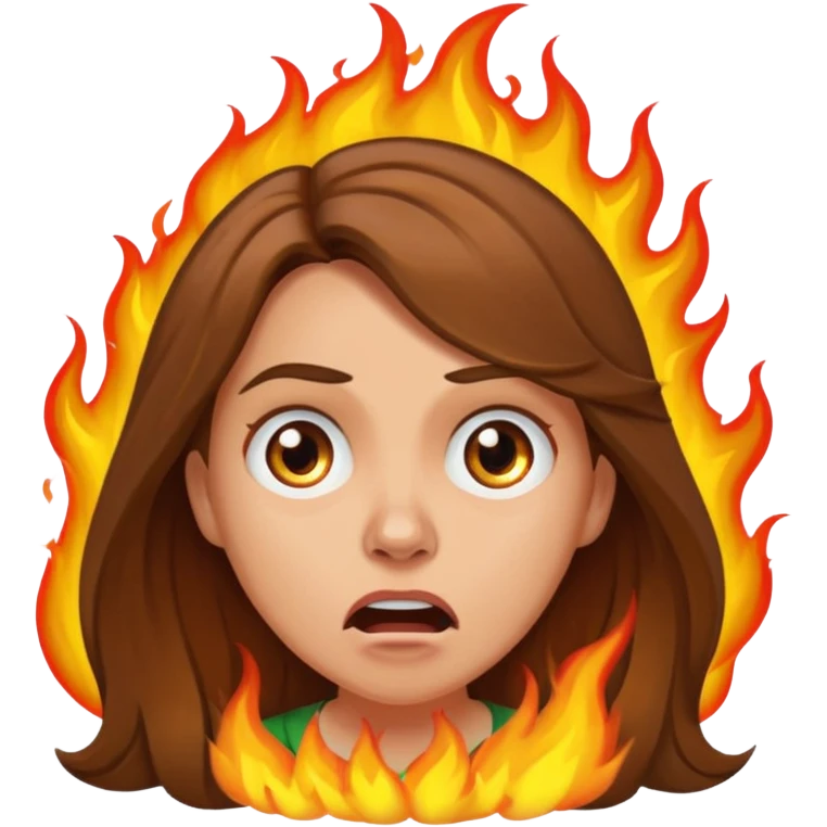 Woman with hair on fire looking stressed and panicked with brown shoulder length hair—longer hair please and light skin—an Irish gal emoji