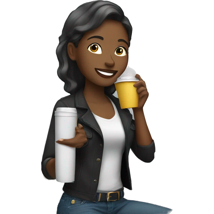 African American female talking on cellphone and holding a coffee wearing black shirt and jeans  emoji