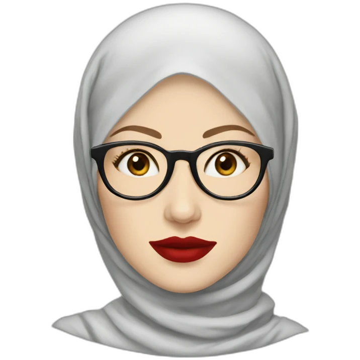 A woman pale skin red lips wear hijab and round glasses emoji
