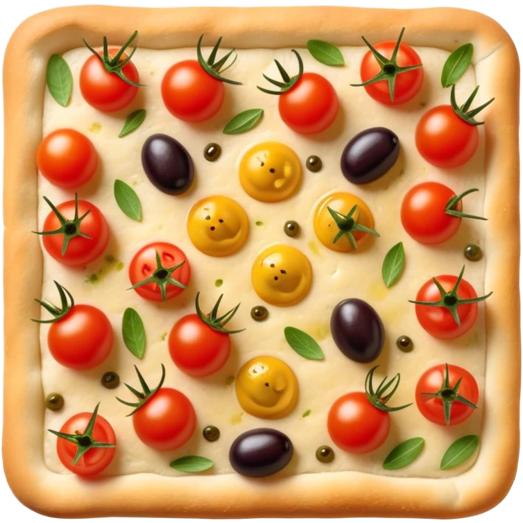 cinematic-realistic-focaccia-bread-dish-emoji,-depicted-as-a-golden,-olive-oil-brushed-flatbread-sprinkled-with-herbs-rendered-with-lifelike-texture-and-soft,-appetizing-lighting showing olives on top and the cherry tomatoes emoji