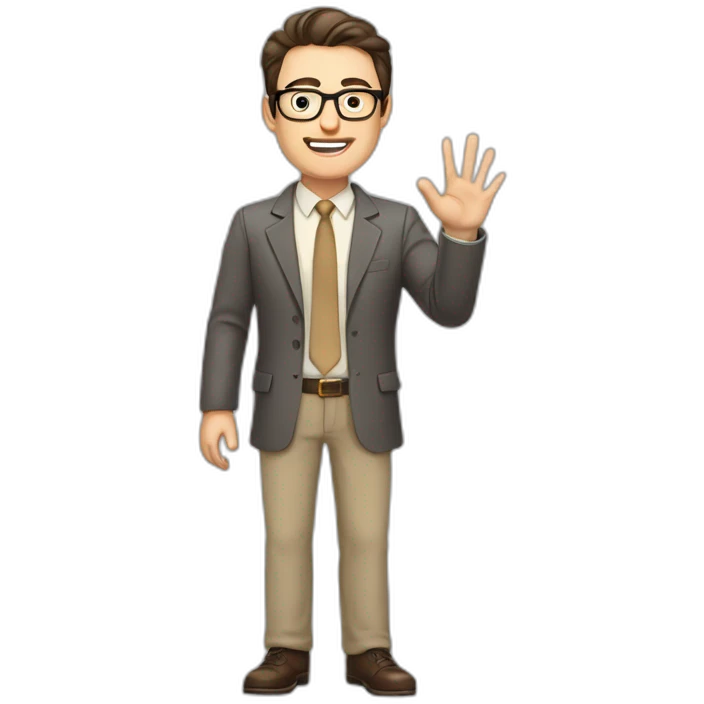 To belt Actively gesturing with hands Pale skinned fit man teacher with dark brown hair in gray jacket, beige office shirt, brown tie, brown pants and vintage glasses. emoji