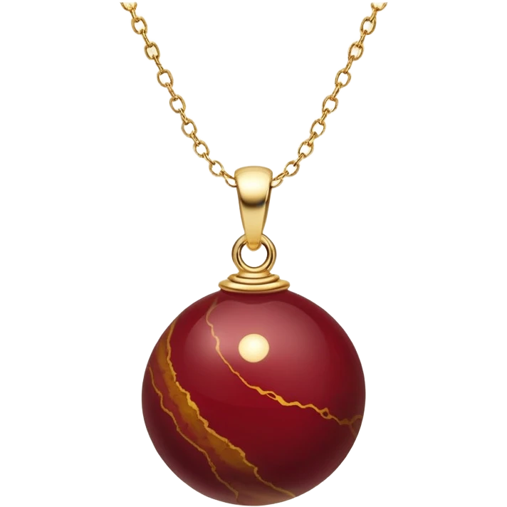 A polished round ball wine jasper pendant suspended from a delicate gold chain, like a drop of enchanted starlight, glowing with the warmth of passion and the quiet power of transformation emoji