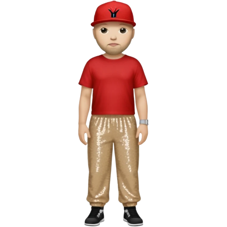 Fred Durst with dark blonde hair, red sequin crop top, beige sequin baggy pants emoji