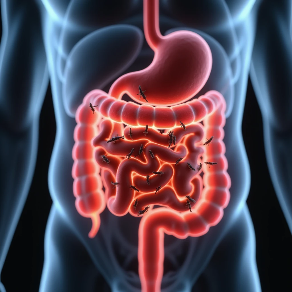 conceptual image of transparent human intestine with parasites highlighted in red, educational style, detailed, 4K emoji