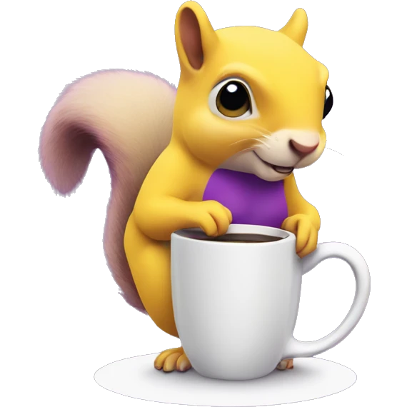 purple squirrel in a yellow dress with a mug of coffee in its paws emoji