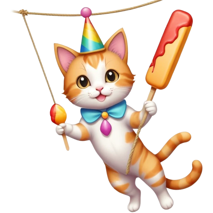 Baby cat balancing on a tight rope in carnival over a fire holding a popsicle with party hat emoji