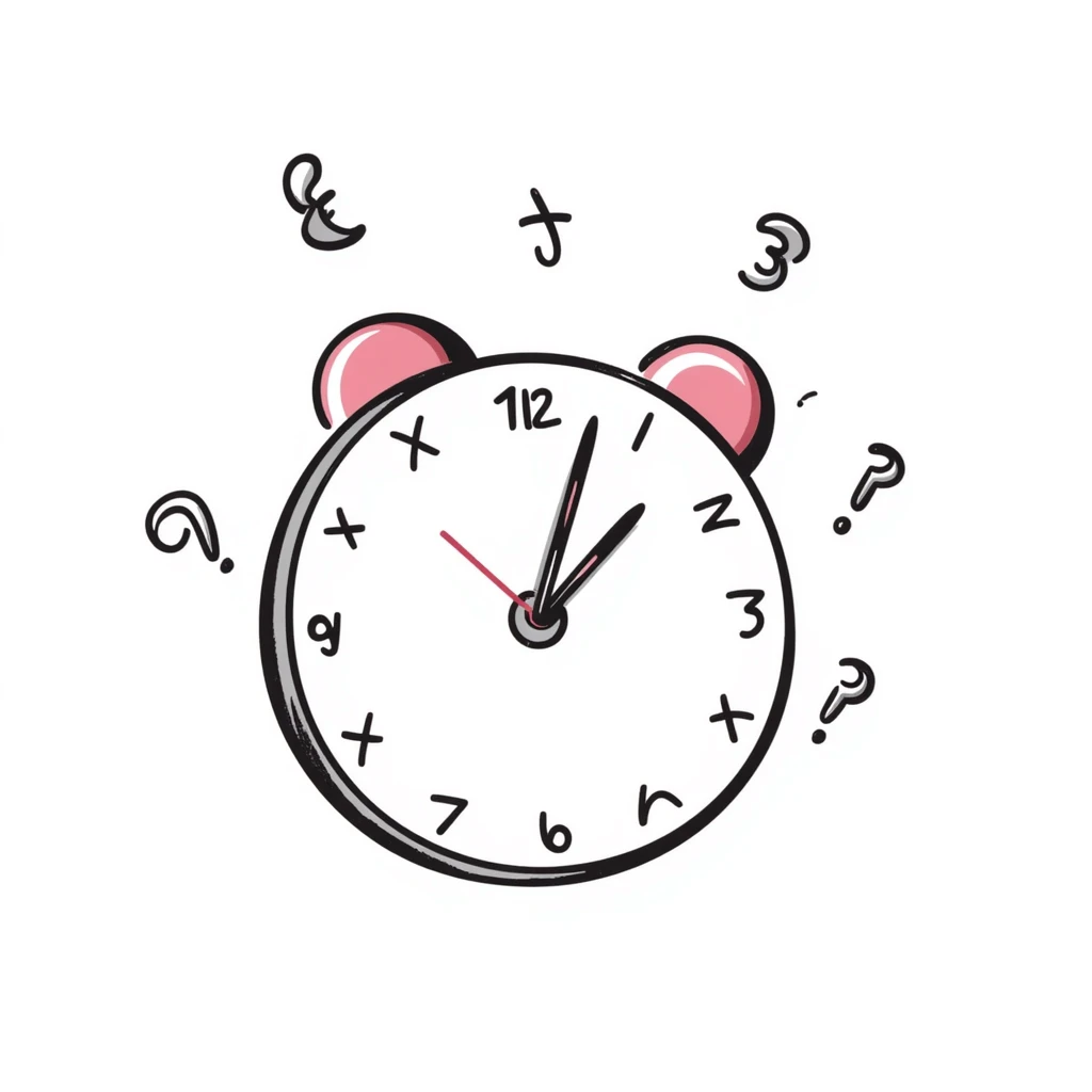 hand-drawn doodle of a clock with numbers flying, pink accents, playful emoji