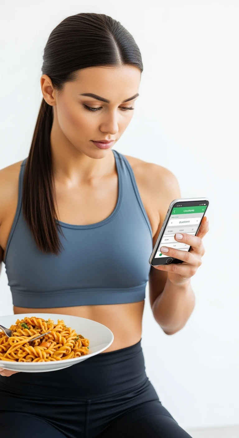 donna fitness che calcola ossessivamente le calorie di quello che sta mangiando: in mano ha un piatto di pasta e nell'altra mano ha lo smartphone per segnare tutti gli alimenti, sfondo bianco emoji