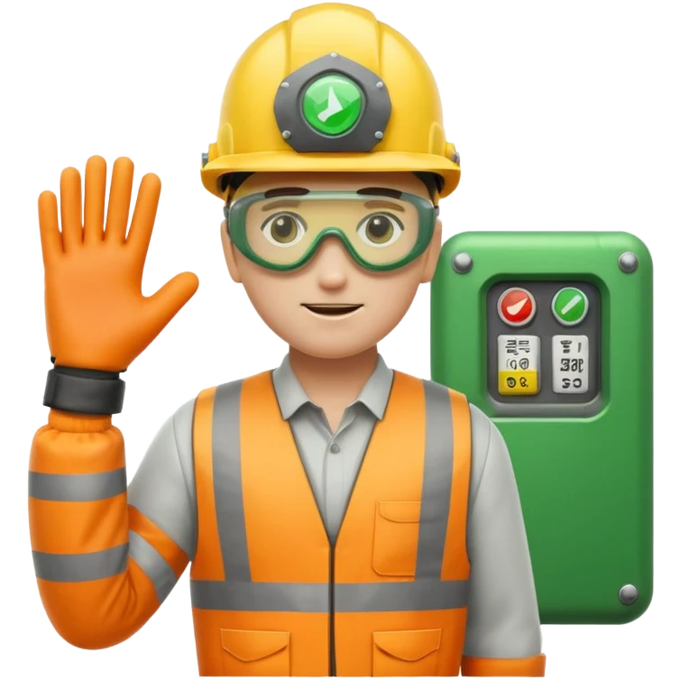 modern emoji icon of worker in helmet goggles gloves standing by guarded industrial machine with green shield safety signs industrial color palette yellow orange gray green emphasizing protection regulation machinery safety emoji