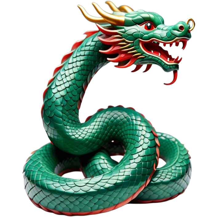 Cinematic Noble Chinese Serpent Dragon Portrait Emoji, Poised and majestic, with a sinuous, serpentine body adorned in intricately detailed scales of shimmering jade and soft vermilion, accented by delicate cloud motifs and subtle water ripple patterns; rendered with lifelike texture and gentle natural highlights, high shine, wise and enigmatic, styled with an aura of ancient dynastic grace, focused and regal, soft glowing outline, capturing the essence of a revered celestial dragon that appears ready to glide gracefully through the mists of time! emoji