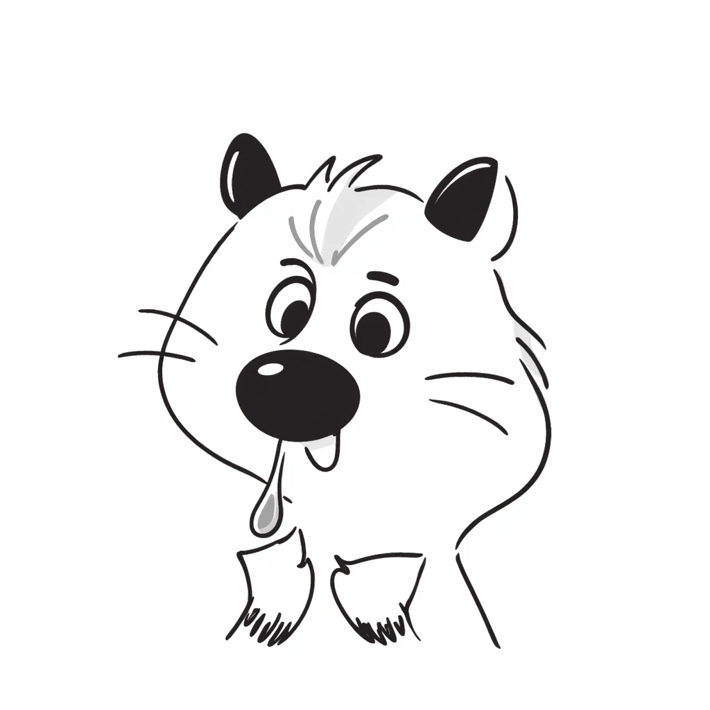 Hand-drawn squirrel with large visible drool dripping down from mouth, starving expression emoji