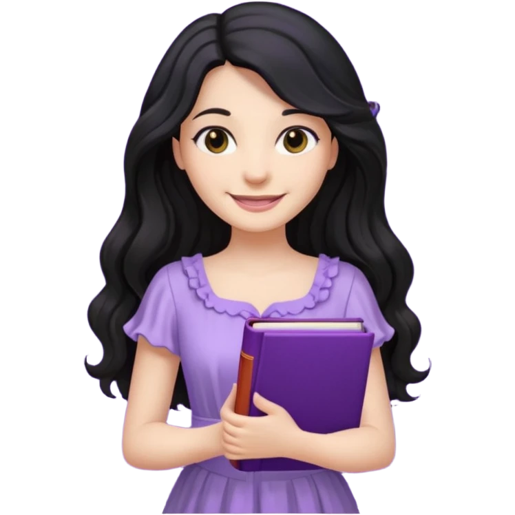 Long Hair Women with purple Book, Black wavy hair, light dress emoji