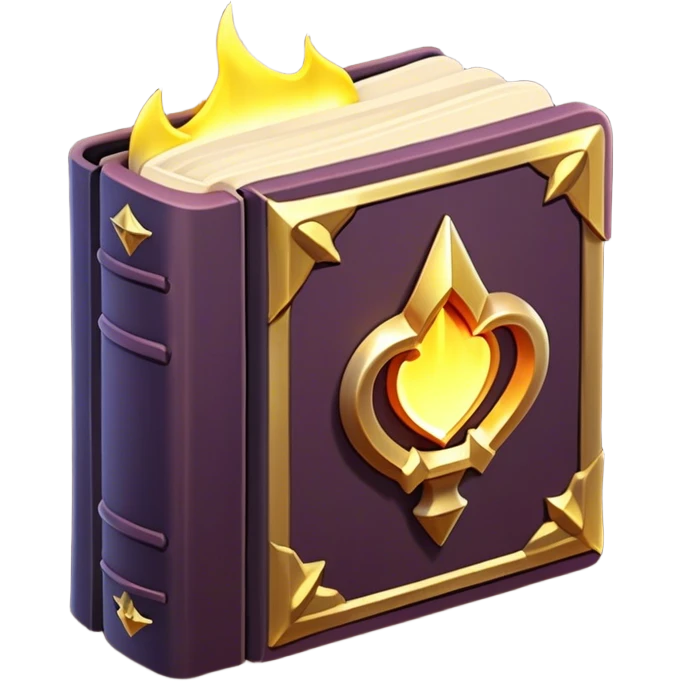 Clash of Clans aesthetic: Cinematic Playful 3D Isometric Spell Book Emoji, rendered in a 3D vector-style similar to standard emojis with minimal shading and bold, simplified shapes. A compact, distinct form with signature details, softly glowing with a fantasy RPG magic charm. Simplified yet unmistakably iconic, highly detailed and consistent, glowing with a soft radiance and high shine. Stylized with a touch of heroic grandeur and a soft glowing outline, capturing the essence of a beloved gaming relic with a friendly, playful manner! emoji