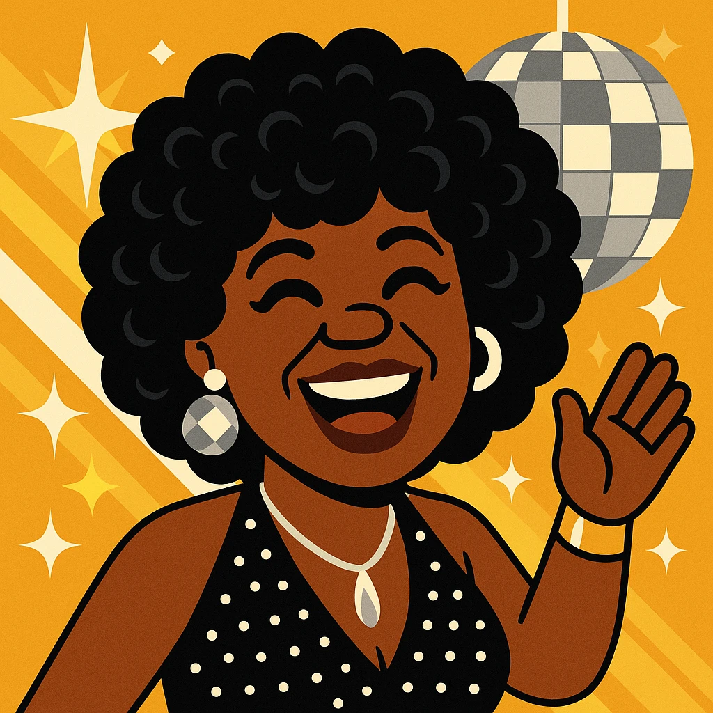 Create an emoji of this lady in a 1970s disco theme, using a color palette of black, silver, gold, and white. Capture her joyful expression and hairstyle, and dress her in a 70s disco outfit with matching accessories, in a vibrant toon style. emoji