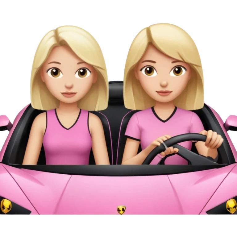 Car facing forward in pink sports car. The best friend girls are but smiling but very pretty, just neutral expression. One girl is blonde, one girl is brunette. Front of car sitting in the seats. Make it a pink sports car. They are two baddies make it a Lamborghini pink car  emoji
