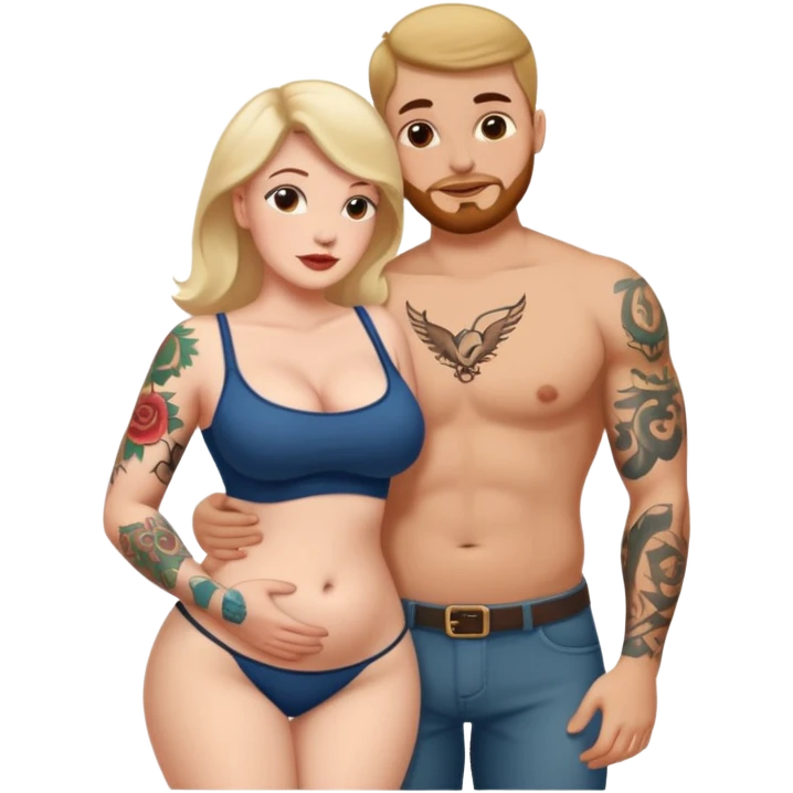A naked white curvy woman with tattoos who is slim and is giving a blowjob or having sexual activities with a man emoji