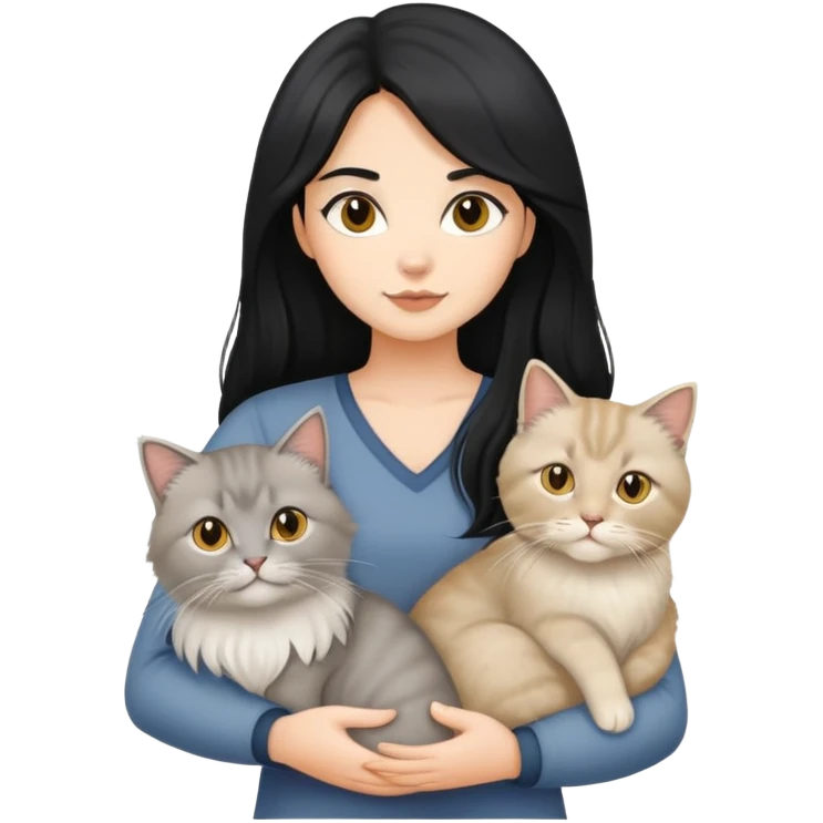black hair girl holding a grey longhair cat and a british longhair golden cat and two british white longhair cat emoji