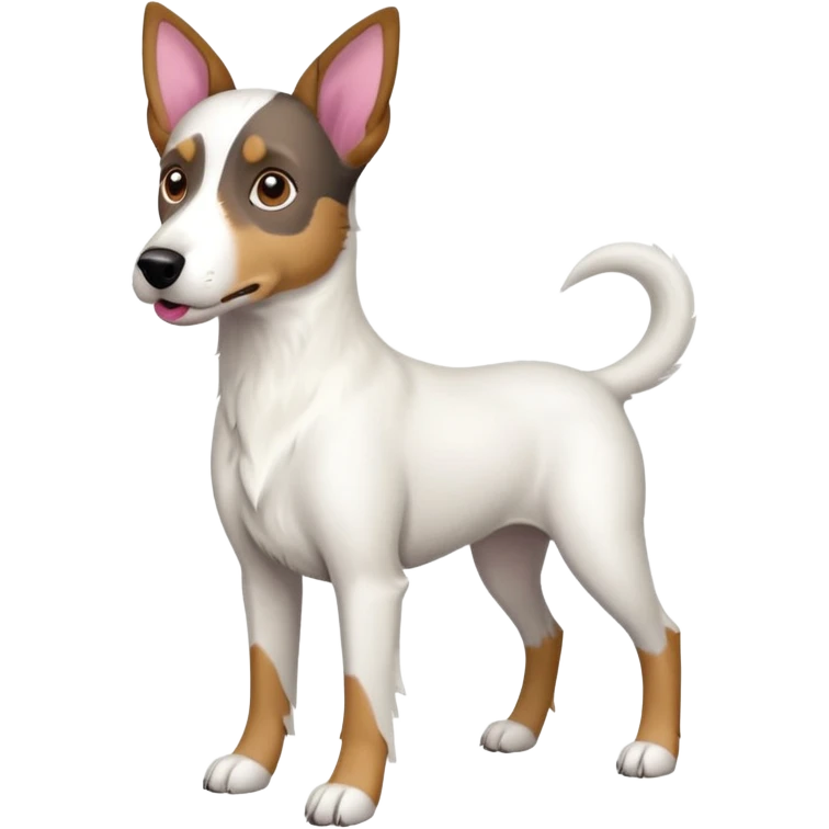 a full body large white floppy eared parson russell looking dog the size of a kelpie with light brown ears and a light brown patch on one eye and a large snout emoji