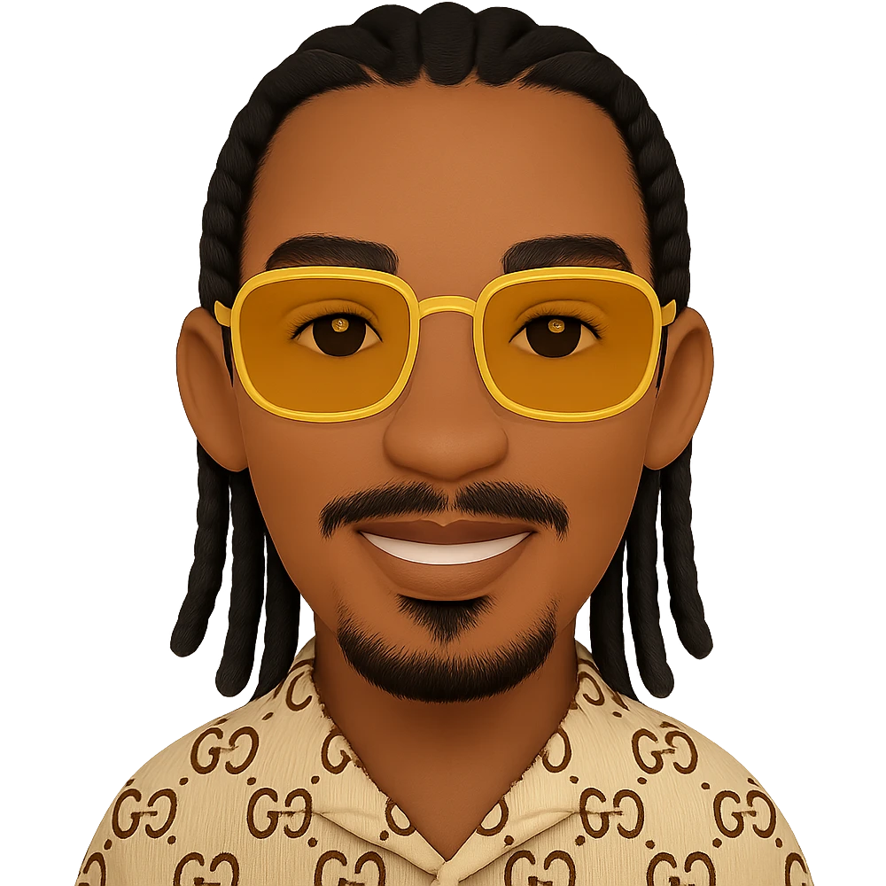 Create an emoji style smiley with a thin face, slightly lighter skin tone, chin-only beard, mustache only above the upper lip (no beard or mustache below the lower lip), very detailed black braided hair as shown in the reference photos, rectangular golden sunglasses, beige top with GG pattern and visible collar, faithful to the photo details, on a transparent background. emoji