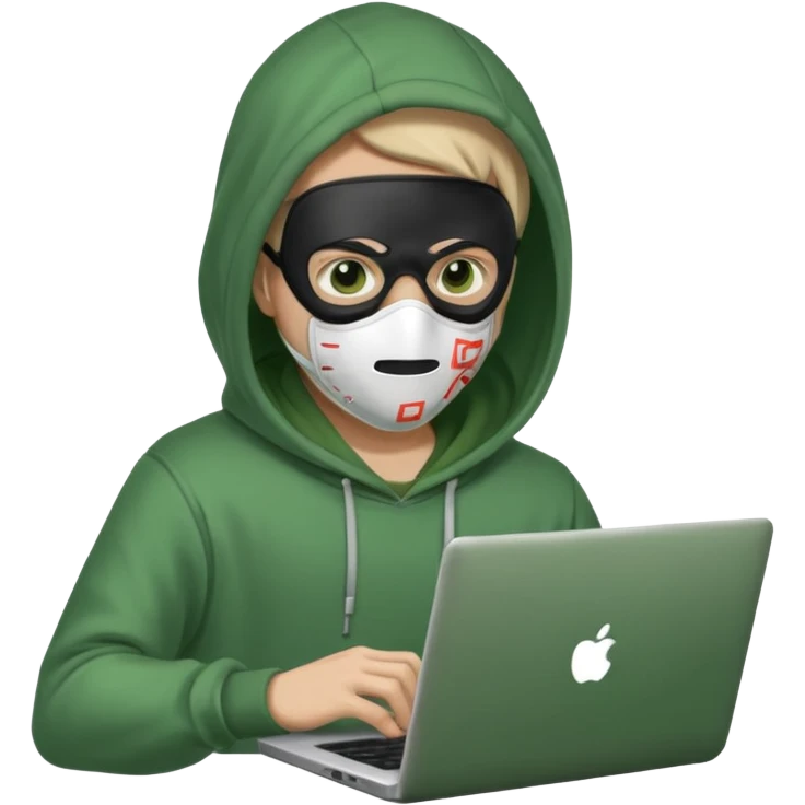 Хакер сидит в зелёной одежде в маске, печатает в ноутбуке, прозрачный фон. emoji