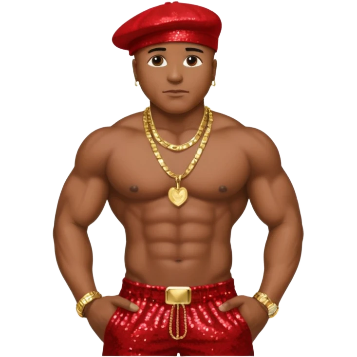 LL Cool J with red sequin baggy pants, shirtless with necklace emoji