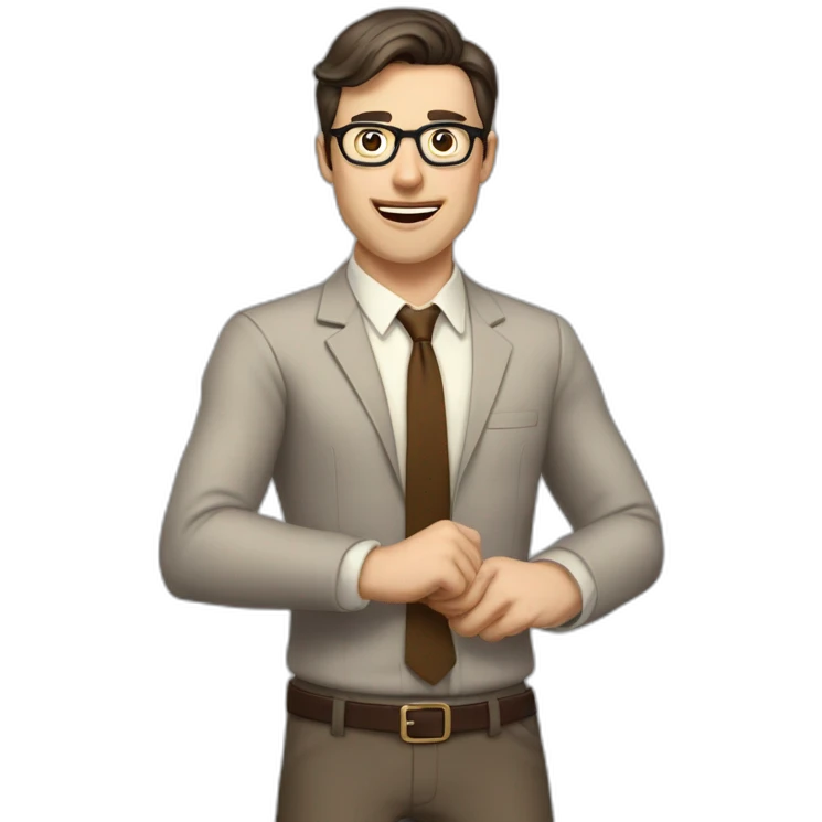 To belt Actively gesturing with hands Pale skinned fit man teacher with dark brown hair in gray jacket, beige office shirt, brown tie, brown pants and vintage glasses. emoji