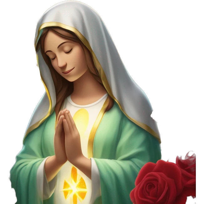 Virgin Mary: kind face looking down at the left, long brown hair, Wearing an emerald green  robe with gold stars and a burgundy red dress,  Hands in prayer or blessing. Halo around her head. standing in front of a big sun. colorful roses on the sides  emoji