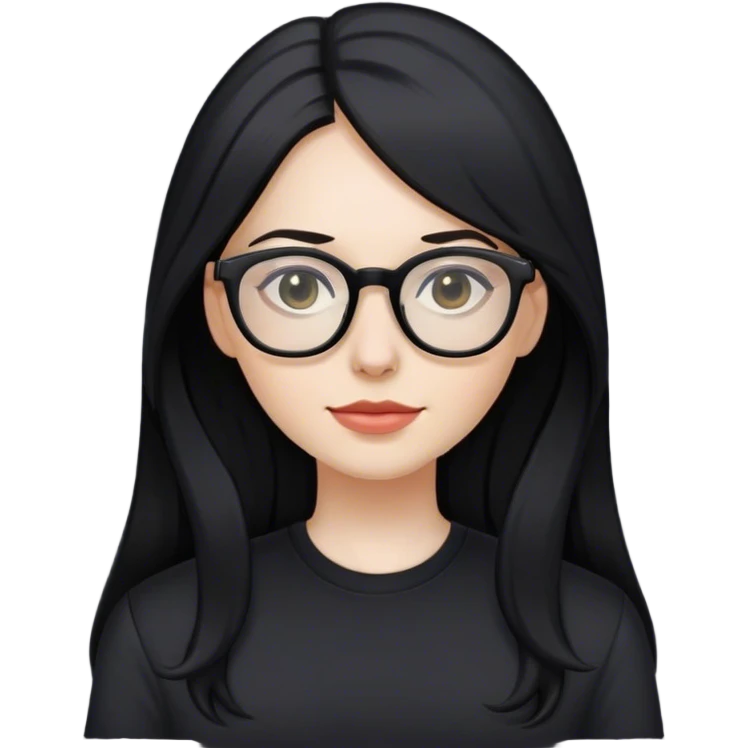 pale woman with long black hair, wearing glasses and black shirt in an office emoji