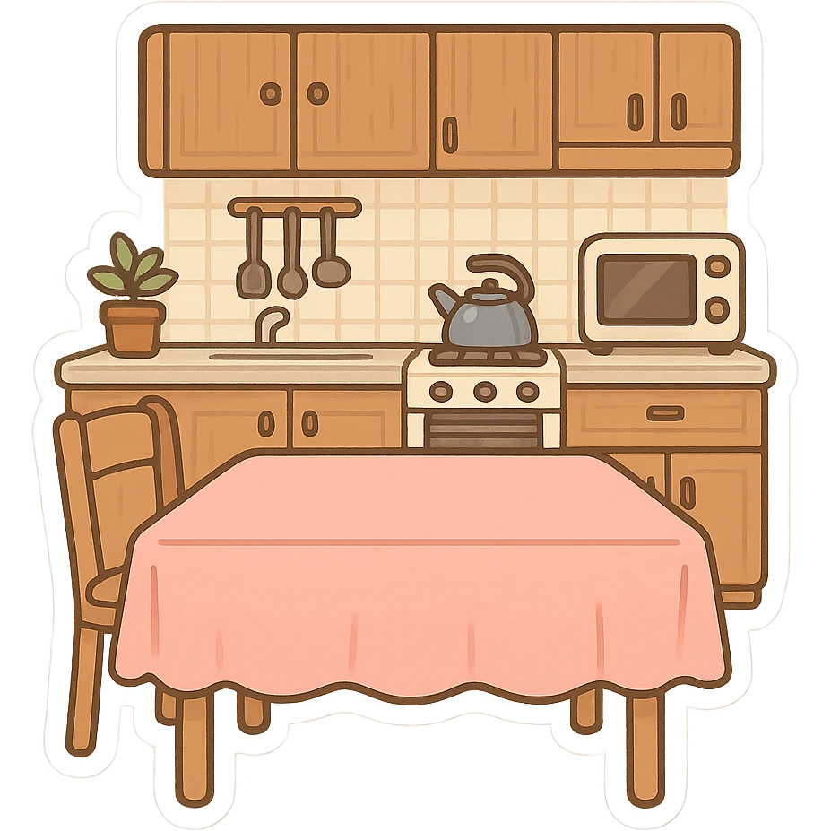 一个温馨的厨房，厨房前景是一个摆放着一个大的粉色桌布的餐桌 emoji