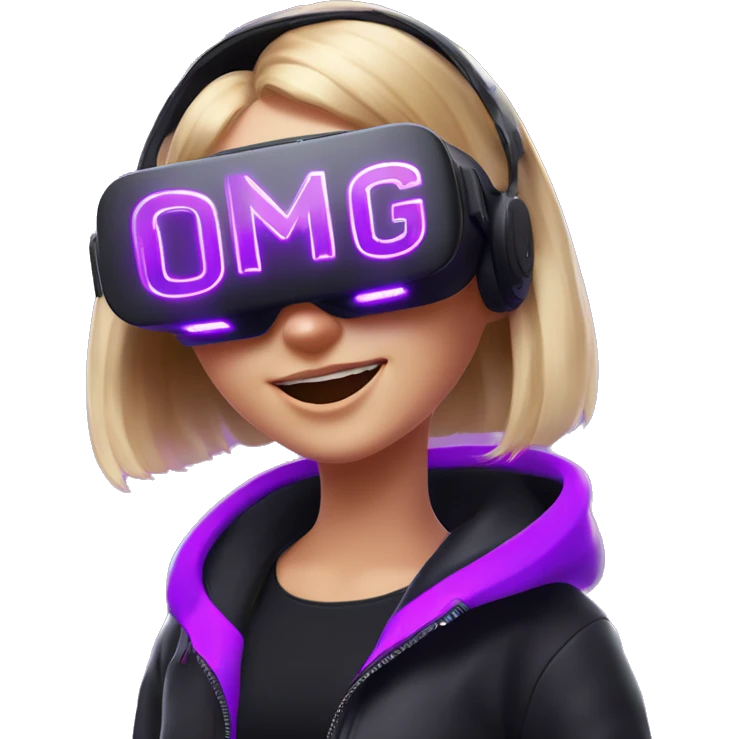 Russian girl wearing black hoody with violet letters "OMG", in vr headset oculus quest2. Dancing. Cyberpunk style. Violet neon. emoji