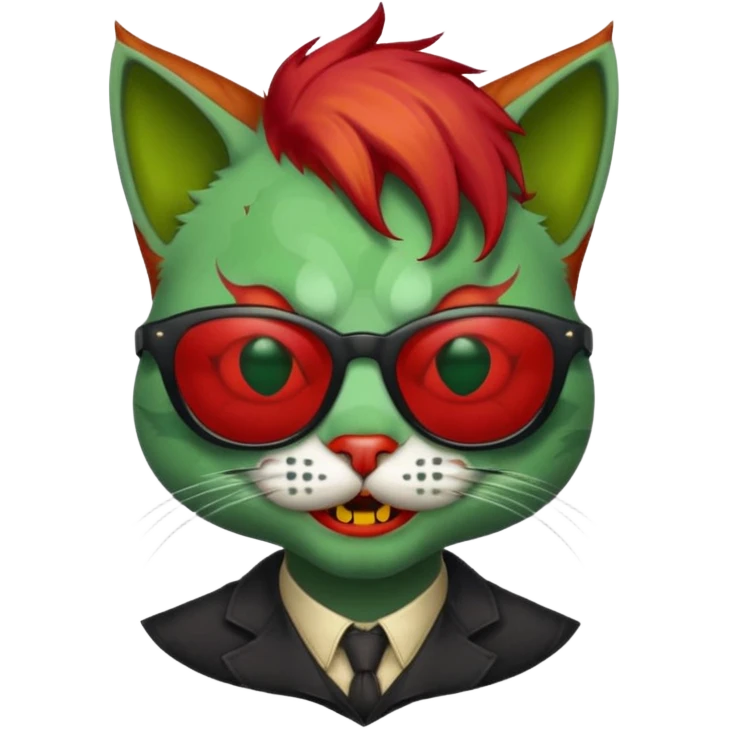 Zombie cat with sun glasses and red hair and joker nose emoji