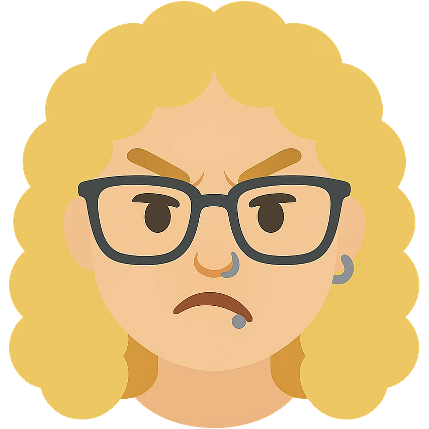 female human with light skin, blond curly hair, glasses, nose piercing, lip piercing, angry expression emoji