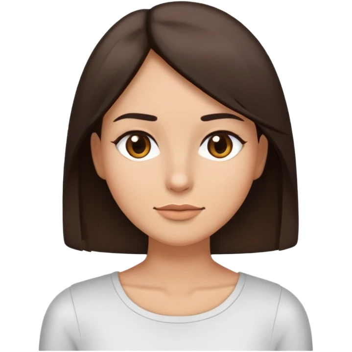 Brunette with straight hair, dark brown eyes, mid length hair, slight smile, really pretty, closed lips, cut off emoji mid waist emoji