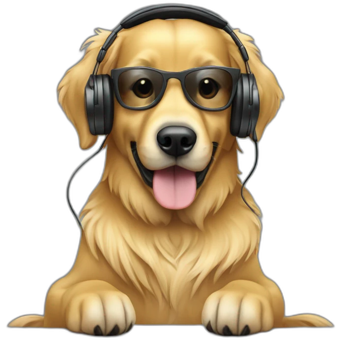 golden retriever coding on laptop and wearing headphones emoji