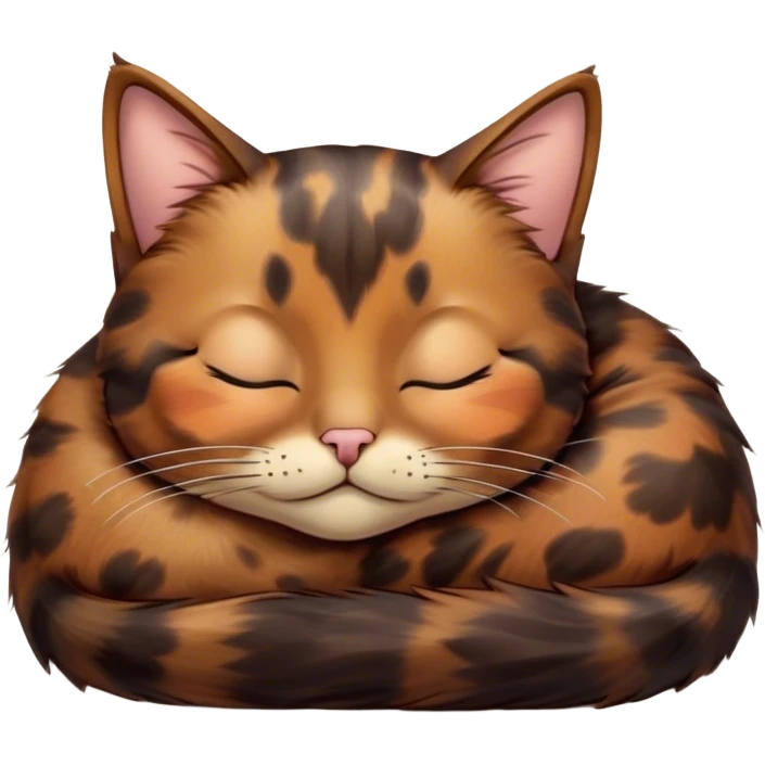 Meme-Worthy Cute Sleeping Tortoiseshell Cat Portrait Emoji, Head resting with a serene, sleepy smile and softly closed, dreamy eyes, showcasing a warm, mottled fur of rich browns and blacks, simplified yet adorably detailed, glowing with a gentle, drowsy radiance, high shine, exuding relaxed, heart-melting charm, styled with a soft glowing outline, capturing the essence of a sleeping tortoiseshell cat that radiates pure, peaceful cuteness! emoji