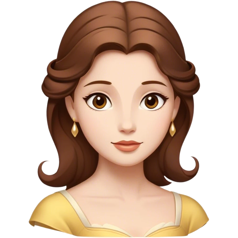 Cinematic Timeless Belle Portrait Emoji, rendered in a clean, vector style. Depict Belle with fair, luminous skin, beautifully arranged brown hair, and a serene, graceful expression, dressed in her classic attire. The design features bold, simplified shapes, a soft, enchanting glow, and a subtle glowing outline, capturing the essence of pure, timeless beauty. emoji