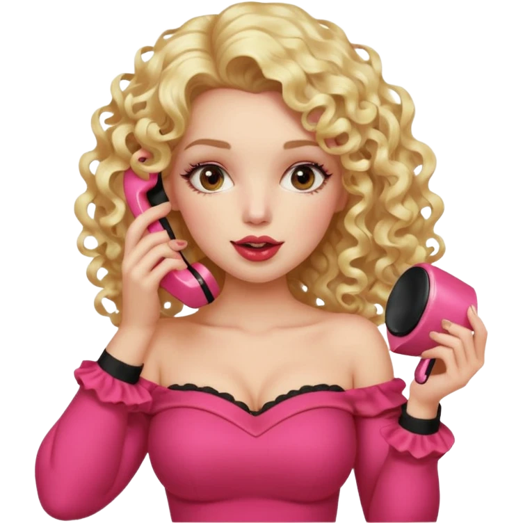 exaggerated features of woman with curly long blond hair, gossiping on a pink analogue phone, holding a tea cup, wearing an off-shoulder black top, red face emoji
