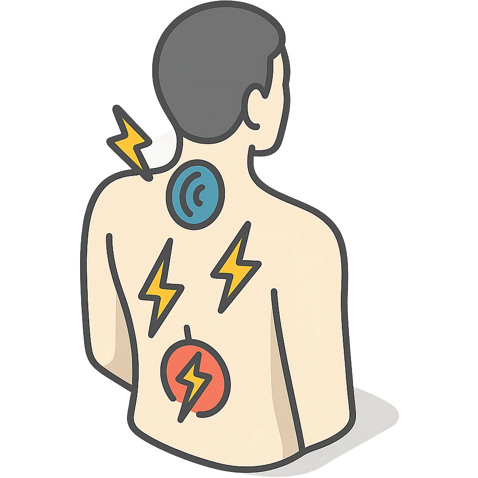 silhouette of a back with pain zones in the neck, lower back, and shoulder blades, with symbolic icons of pain or stress such as lightning bolts and pulses, representing psycho-emotional tension, 2D isometric style with clear shadows and highlights, transparent background emoji