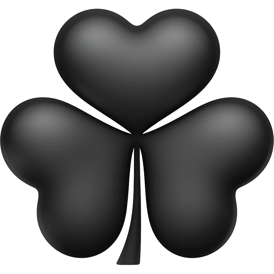 A Black five-leaf clover that looks the same as a traditional four-leaf clover, except it has five rounded, heart-shaped leaves instead of four. The leaves are evenly spaced in a circular pattern around the center, with the classic clover shape where each leaf has a rounded top and slight notch. emoji