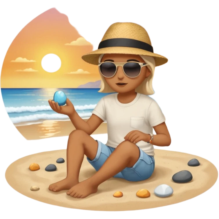 Someone sitting on the ground in the Beach close to the water and throws stone at the water and it's a sunset emoji