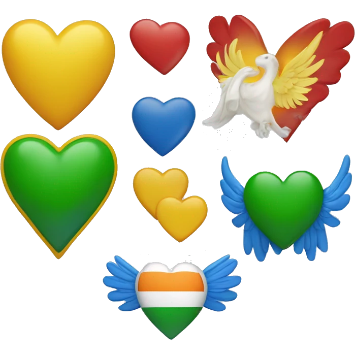 Yellow heart, green heart, Irish flag, blue heart, wings around red heart in a row emoji