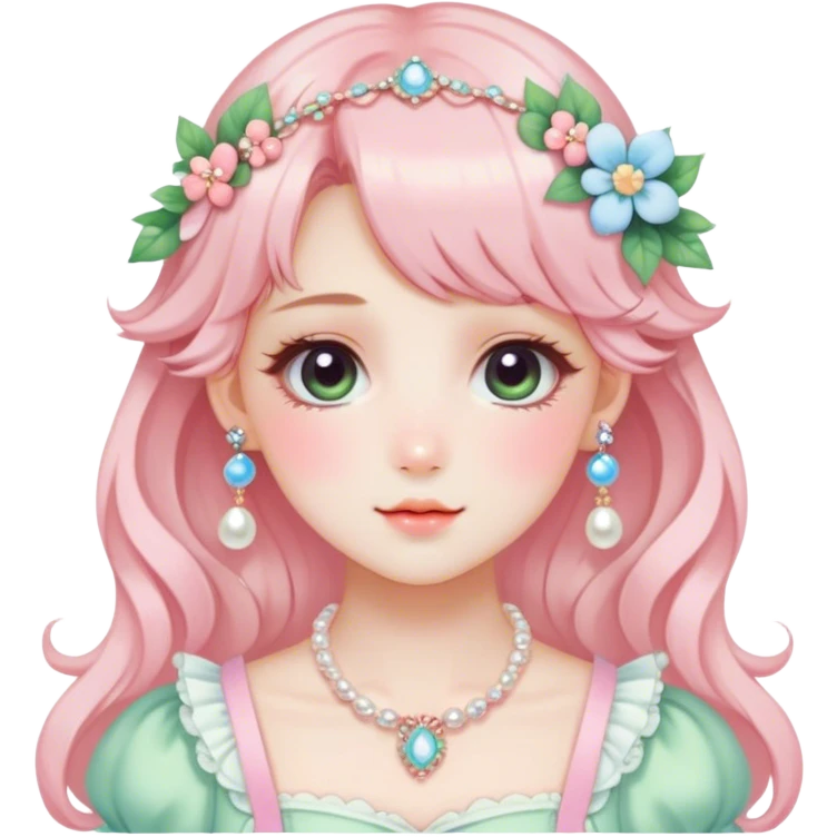 Gorgeous anime style lady with blushing face and accessories cottagecore fairycore Kawaii anime colorful pearly romantic aesthetic trending style emoji