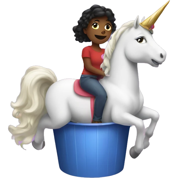 Scarlett riding a unicorn inside of a bucket emoji