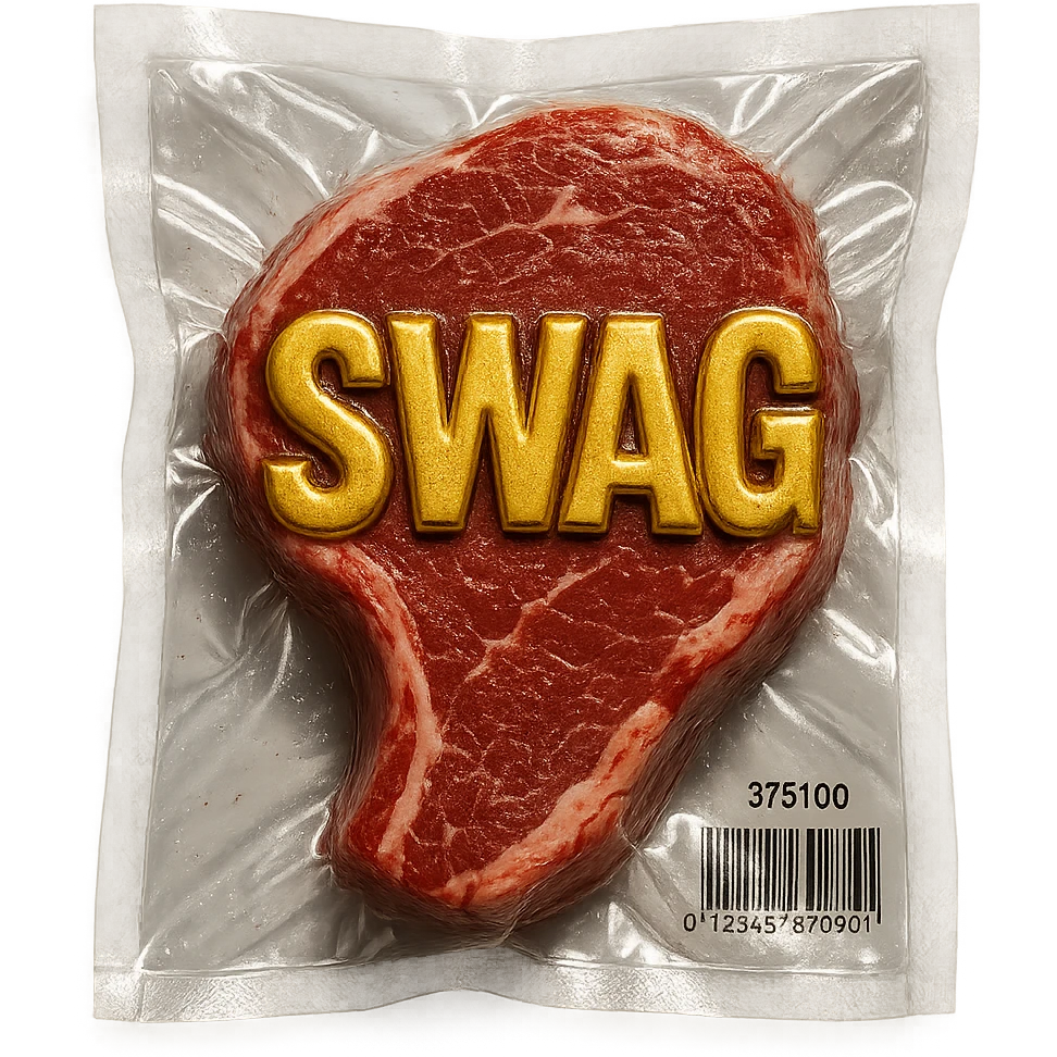 steak with gold lettering 'SWAG' on top, glossy and puffy vacuum-sealed style emoji