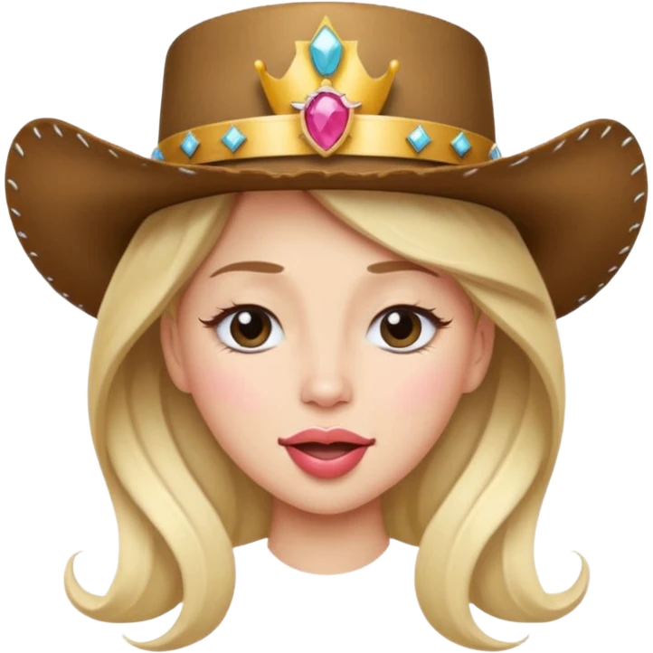 a princess with a cowboy hat but crown ontop of the hat with tounge out and eyes closed with lashes.  emoji