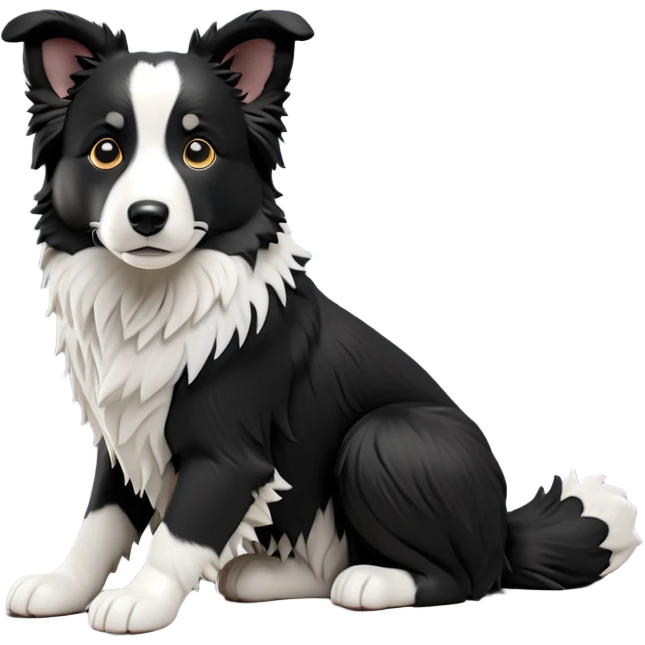 cinematic-[border collie dog]-realistic-full-body-sitting-emoji,-tail-resting-loosely-beside-its-paws,-head-tilted-dramatically,-scruffy-[black and white]-fur,-simplified-yet-realistic-focused-features,-highly-detailed,-glowing-with-an-almost-sarcastic-glow emoji