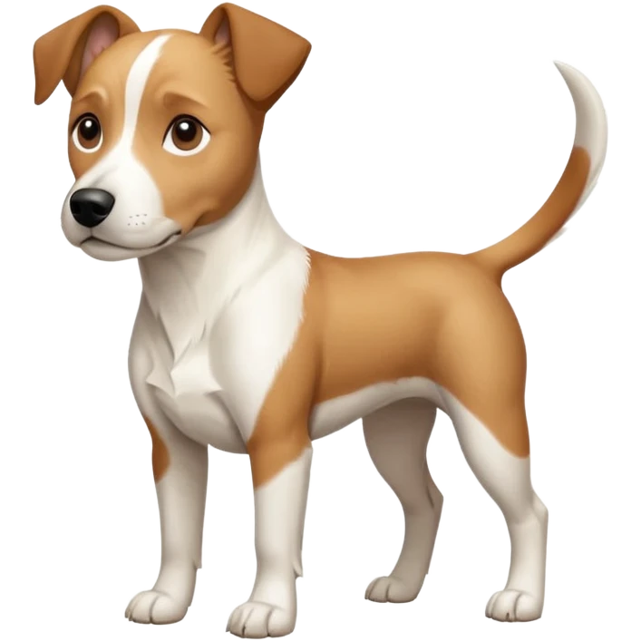 a full body facing front on of a buff white beagle cross jack russell terrier looking dog the size of a kelpie with light brown long ears resting on its face and a light brown patch above one eye and a large snout. the rest of the dog is completely white.  emoji
