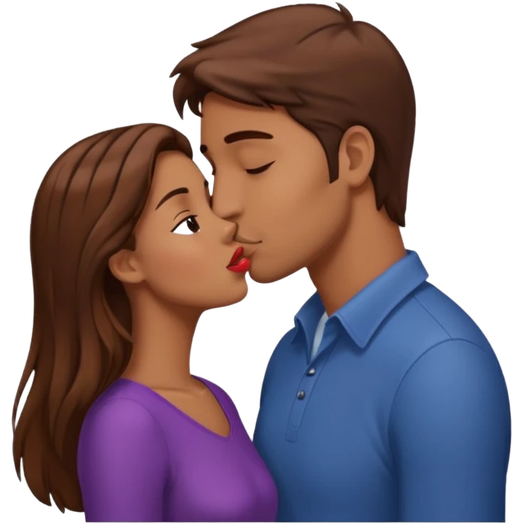 A naked girl with brown hair and bare small breasts openly kisses a tall guy with brown hair full-length on the lips emoji